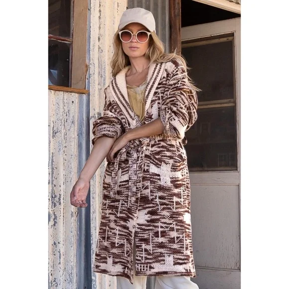 POL Beige & Brown Aztec Belted Knit Cardigan - Picture 2 of 9